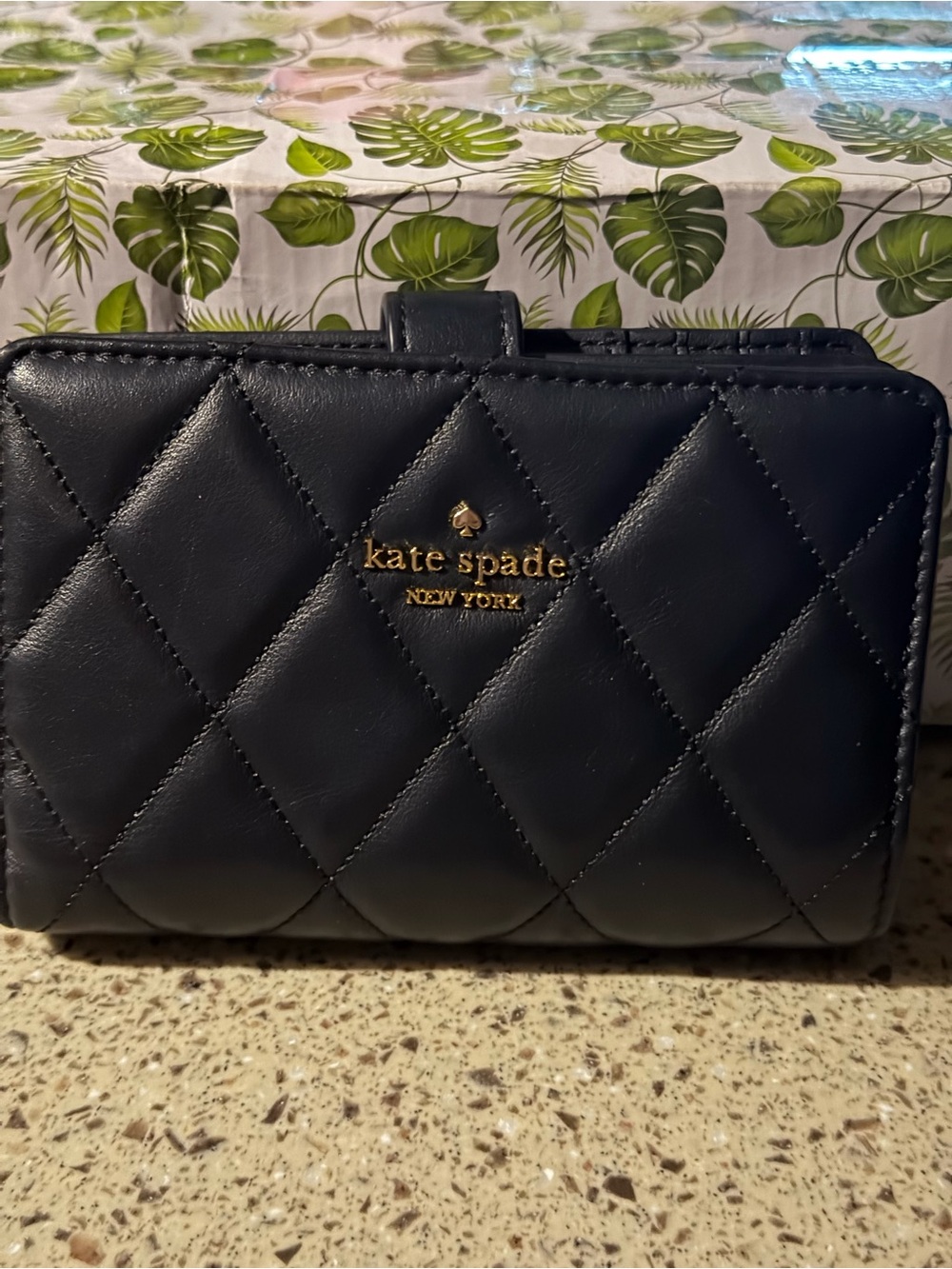 kate spade Black Quilted Leather Compact Wallet with Gold Logo